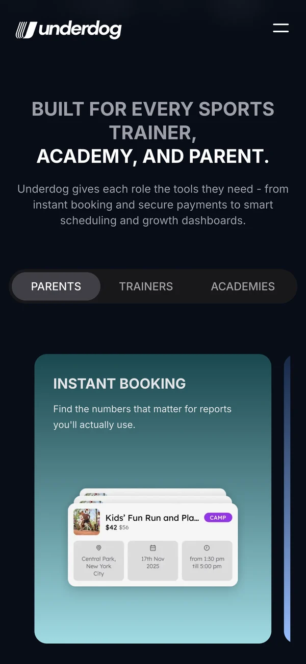 underdogplatform.com on mobile - features