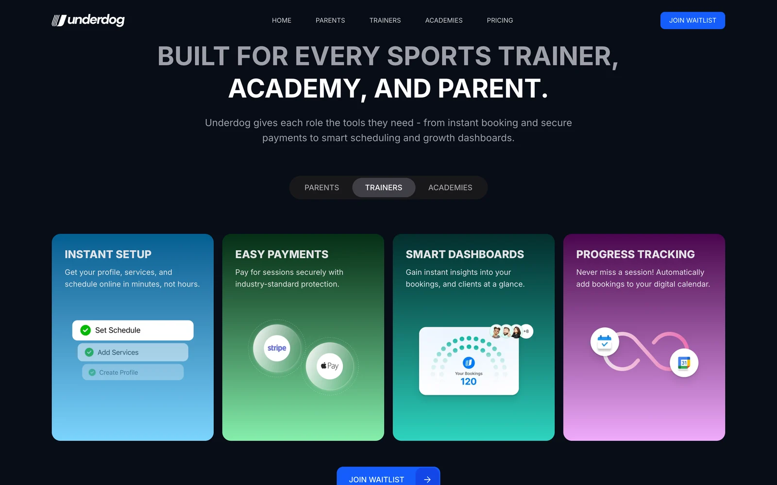 underdogplatform.com - features for trainers
