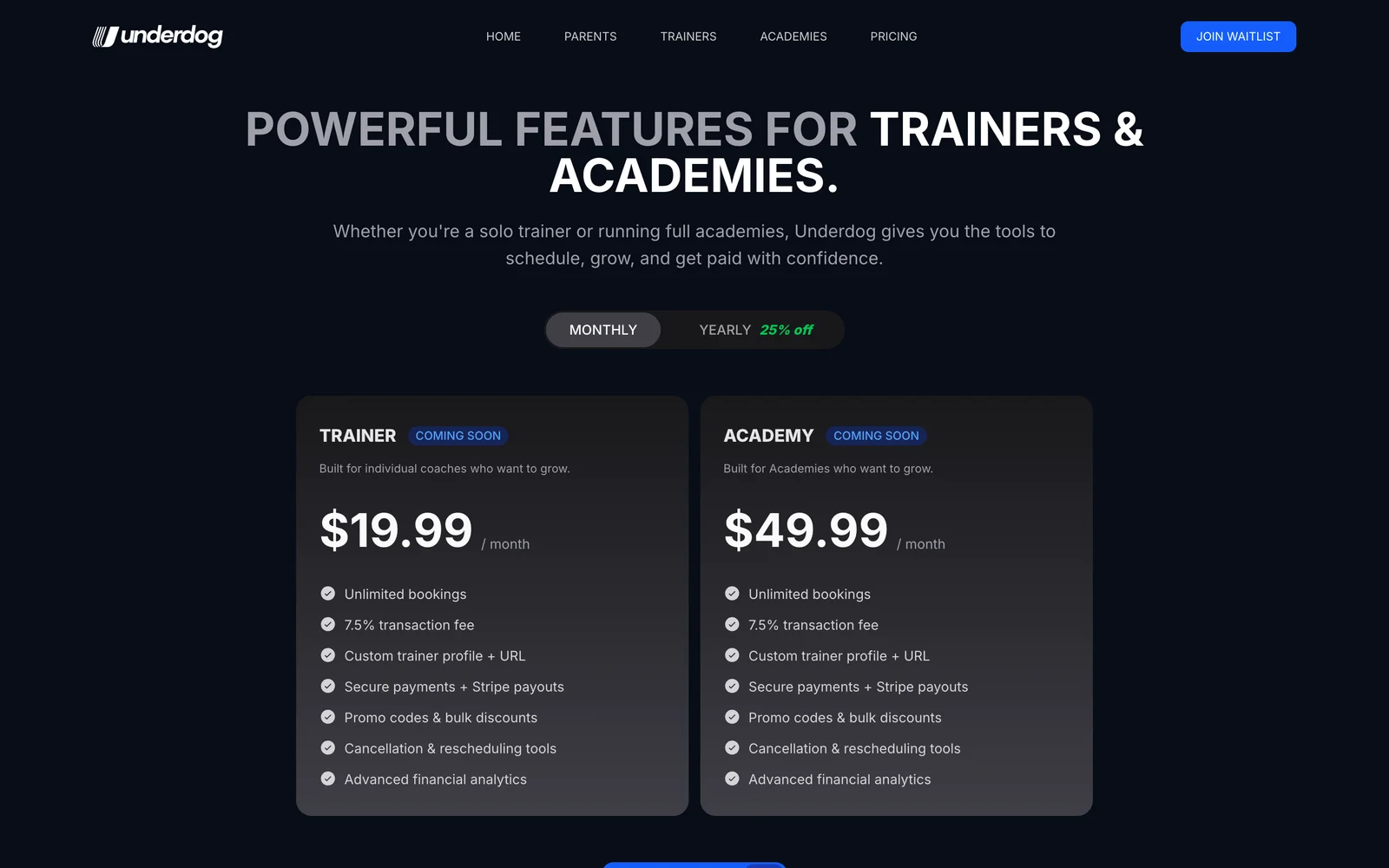 underdogplatform.com - pricing for trainers and academies